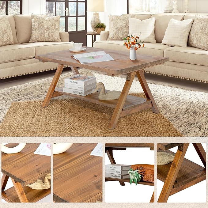 Farmhouse Coffee Table for Living Room, 2-Tier Solid Wood Coffee Table, Rustic Rectangular with Storage Open Shelf, Natural
