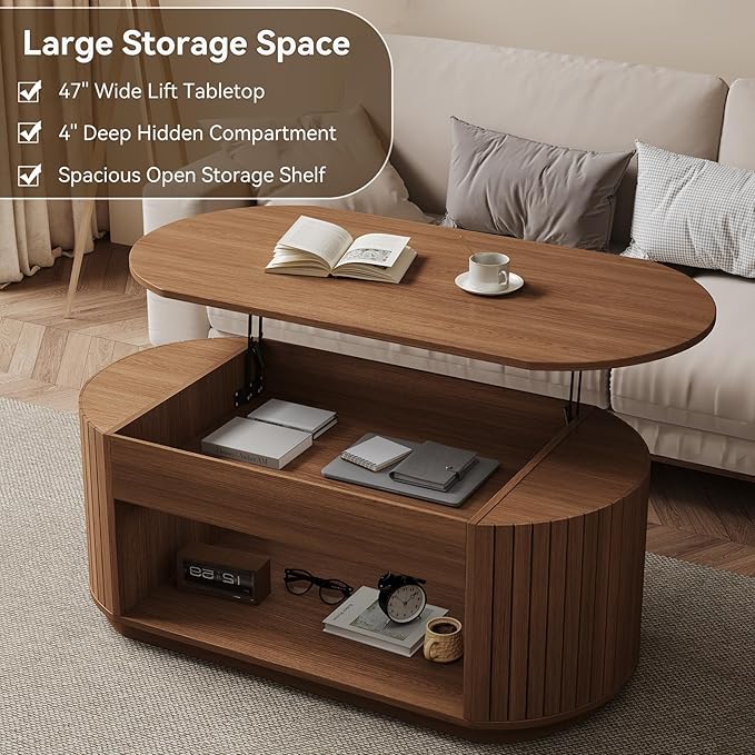 47 Inch Lift Top Coffee Table with Storage for Living Room, 2-Tier Rustic Lift Up Tabletop Mid Century Center Tables with Hidden Compartment for Apartment, Dark Walnut Brown
