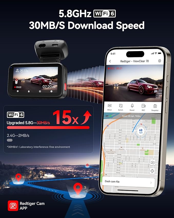 REDTIGER ViewClear 70 4K+2.5K Dash Cam Front and Rear, 8MP STARVIS 2 IMX678 x Noctura™ Sensor, Dual HDR Hyper Night Clarity, 5.8GHz WiFi 6, 30MB/S Fast Download, Dash Camera with 24H Parking Monitor