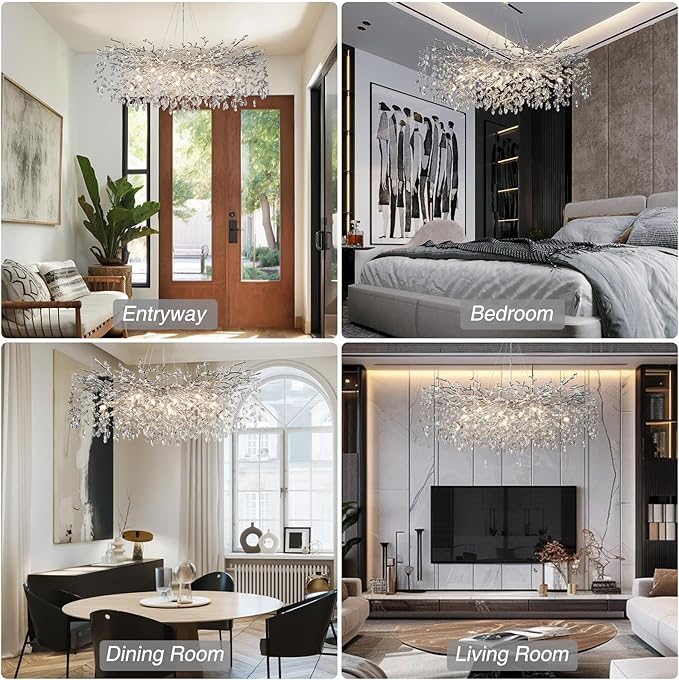 47" Silver Chandelier, 18-Light Modern Crystal Tree Branch Chandeliers, Luxury Round Chandelier for Dining Room, Living Room, Foyer, Entryway, Bedroom, Contemporary K9 Crystal Raindrop Light Fixture