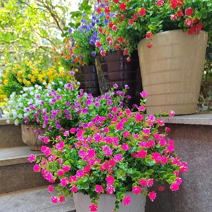 12 Bundles Artificial Flowers for Outdoors, UV Resistant Fake Flowers with Plastic Plants, Faux Flowers for Outside Window Box Front Porch Hanging Planter Decor (Pink)