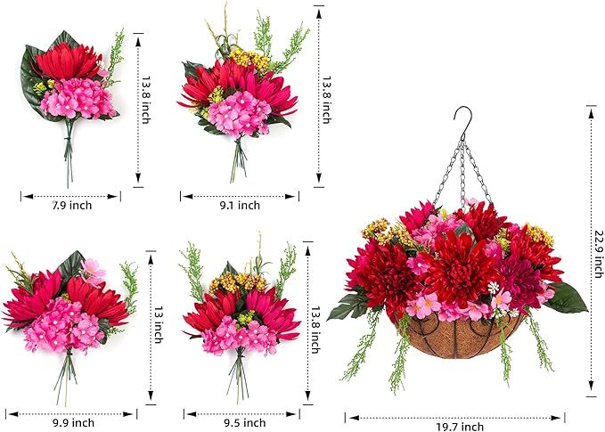 HyeFlora Artificial Fake Hanging Fall Mums Flowers Baskets for Outdoor Decoration, Faux Red Chrysanthemum Silk Red Flower, UV Resistant Realistic for Porch Patio Balcony Yard Summer Autumn Decor