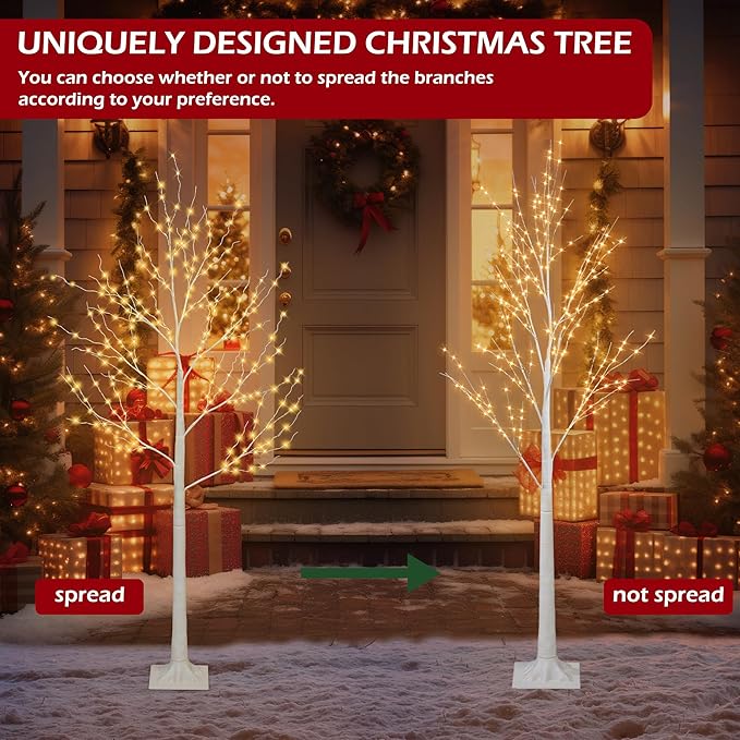 HUGROVE Lighted Birch Tree,4FT/5FT/6FT White Twinkle Christmas Tree with LED,Warm White,Adjustable Branches, Artificial Birch Tree Lights with Timer,Indoor & Outdoor & Christmas Use (Branches)