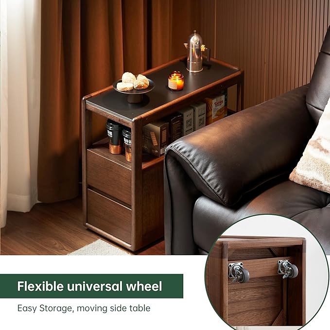 100% Solid Wood Side Table with Wheels, Narrow Side Table with Storage Drawers, Rolling Bedside Table for Bedroom Living Room Space Saving (Walnut, 11.81" D x 26.77" W x 23.23" H)