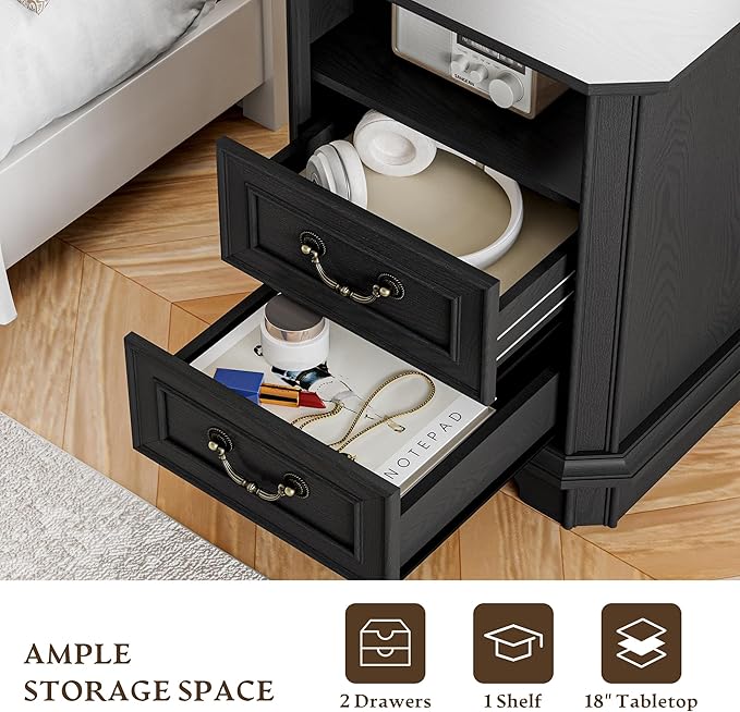 Farmhouse Nightstand with Charging Station, 18" Side Table with 2 Storage Drawers, Rustic Wood Night Stand with Metal Handle, Wooden Bedside End Table Small Dresser for Bedroom, Living Room, Black