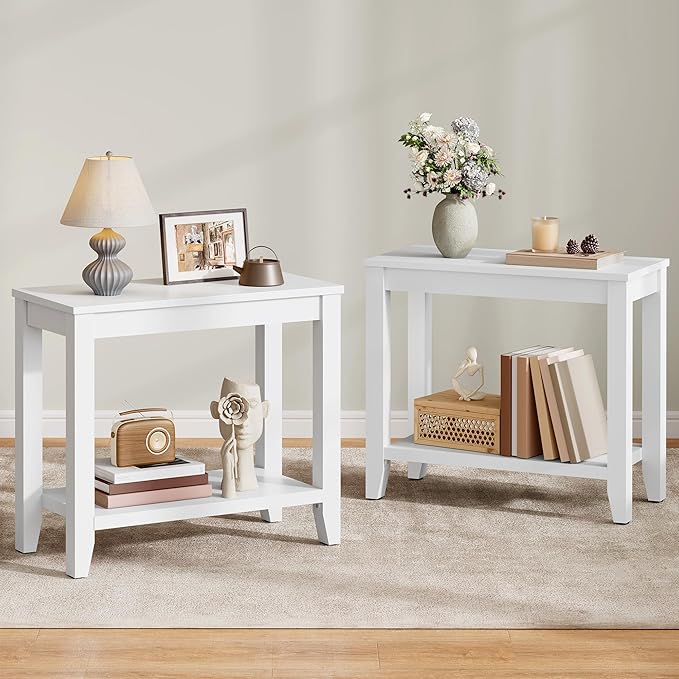 Hoctieon End Table with Double Storage Shelves, Sturdy Wooden Side Table for Living Room, Bedroom, Modern Nightstand Sofa Table for Small Spaces, White, Set of 2