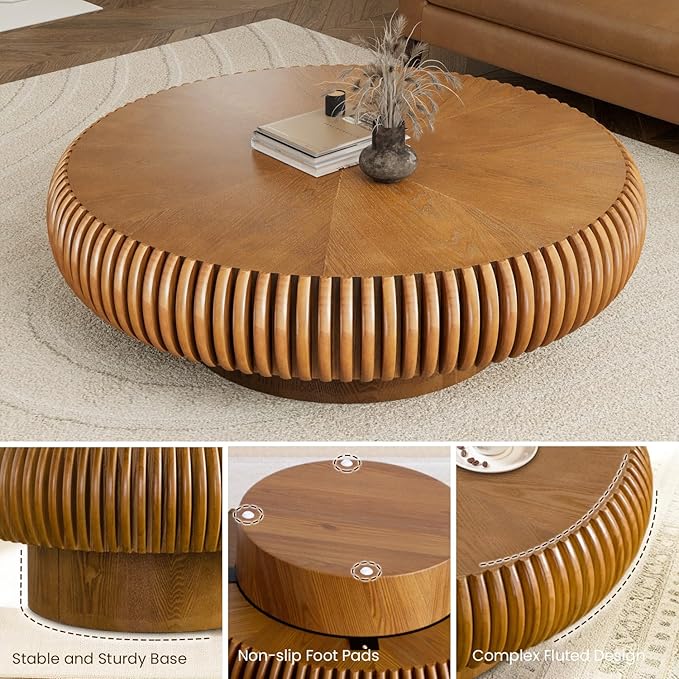 39.3" Drum Coffee Table Modern Unique Fluted Tea Table Contemporary Wood Round Coffee Table with Fluted Centry Table for Living Room Walnut (39.3" Brown)