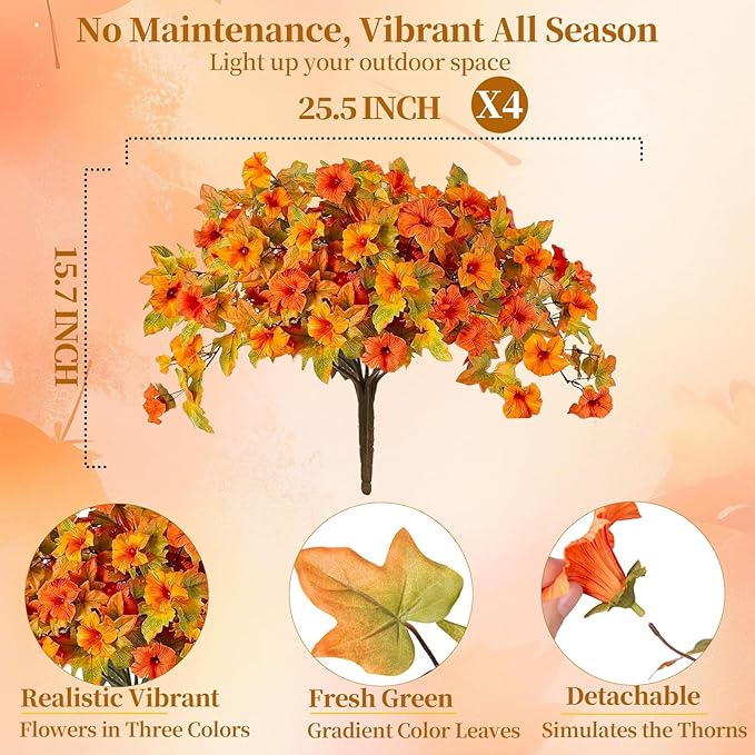 4PCS Artificial Fall Fake Flowers Plants for Outdoor Decoration No Fade Faux Petunias UV Resistant Realistic Autumn Silk Flowers for Home Garden Balcony Yard Porch Deco (Orange Yellow)