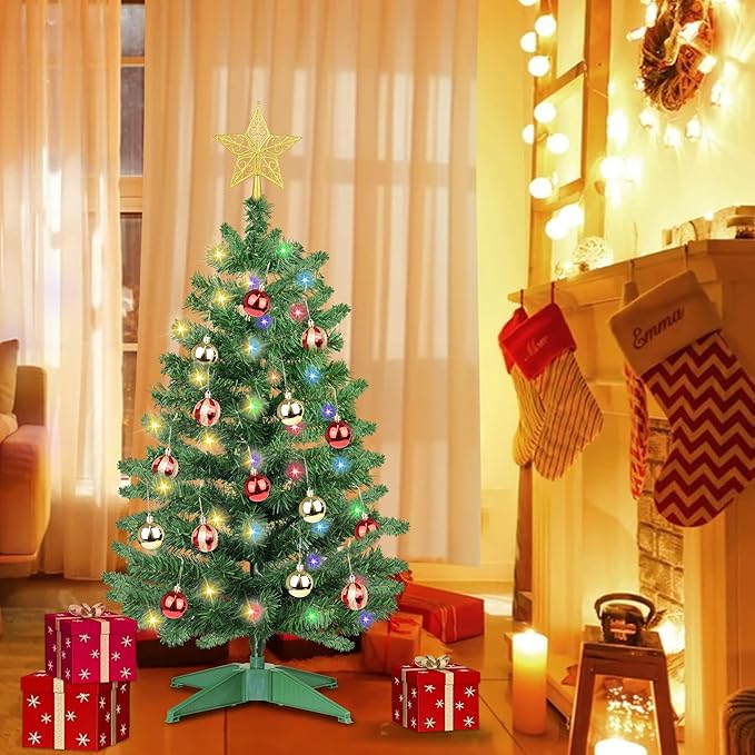 3 Ft Premium Green Christmas Tree 12 Modes Dual Color Change Timer DIY 50 Warm White & Multicolor Lights Star 15 Ball Ornaments Battery Operated Small Artificial Full Xmas Tree Table Home Indoor