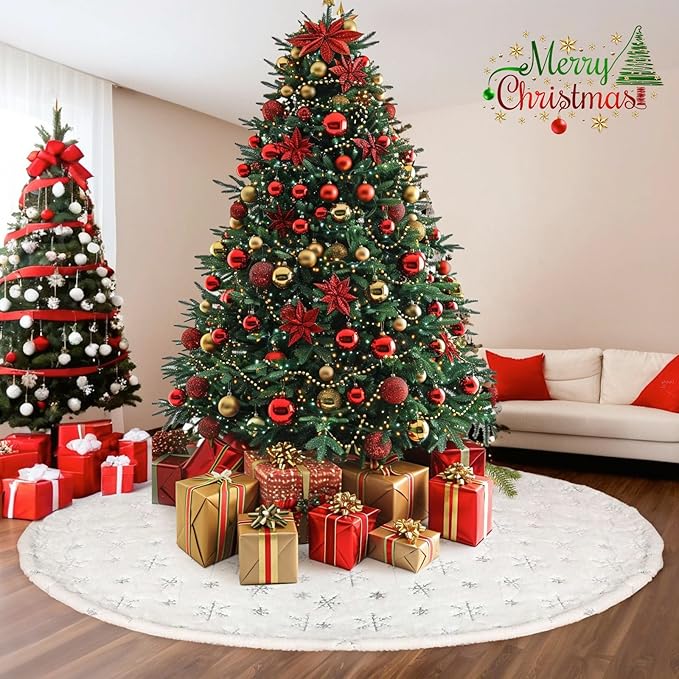 72 inch Christmas Tree Skirt,White Faux Fur Tree Skirts Thick Soft Christmas Ornaments,Extra Large Xmas Tree Skirt for Christmas Home Decorations Xmas Party Holiday Decorations