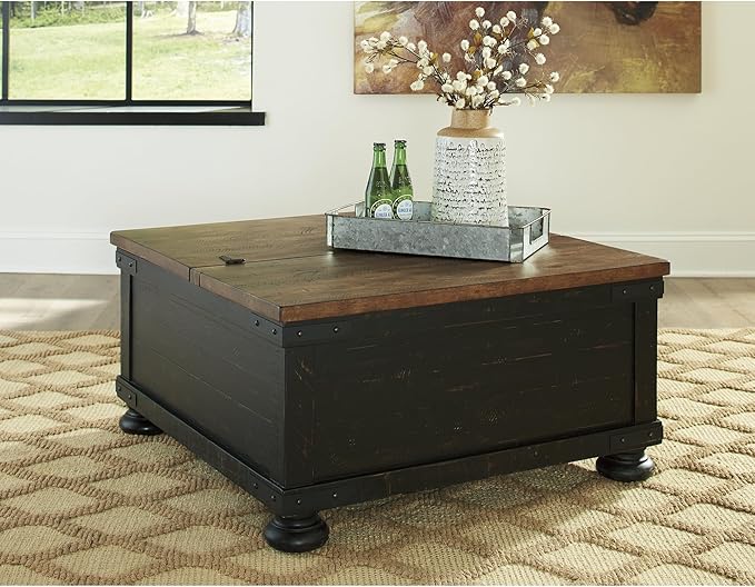 Signature Design by Ashley Valebeck Lift Top Coffee Table, Storage, Split-top Design, Wood, 36" W x 36" D x 18" H, 2-tone Distressed Brown & Black Finish