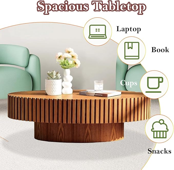 43.3in Fluted Side Tables Living Room Modern Chic Drum Coffee Table - Spacious Tabletop, for Small Space - Living Room Apartment Study,Wood