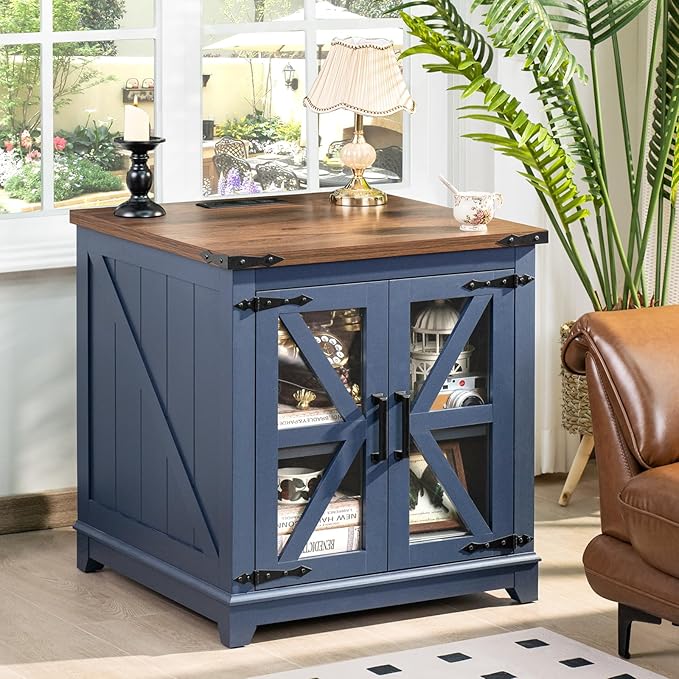 Farmhouse End Table Set of 2,24" Large Sofa Side Table with Charging Station Glass Barn Door,Wood Nightstand with Adjustable Storage Shelf,Square Bedside Table for Living Room,Bedroom,Office-Blue