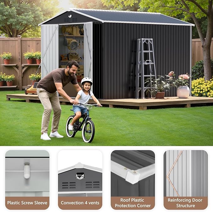 10X12 FT Outdoor Storage Shed, Metal Garden Shed - Tool Storage Sheds with Lockable Doors, Waterproof Outside Storage Building for Backyard, Patio (Black; Floor Not Included)