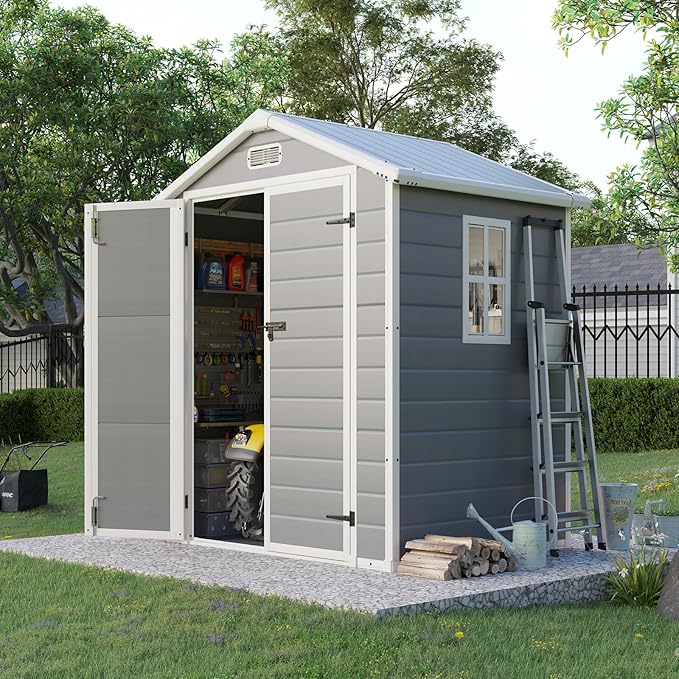 5.5 x 4.4 ft Resin Storage Shed with Floor, Outdoor Tool Shed with Window, Vents, and Stainless Steel Cores, for Pool Supplies/Lawn Mower/Bikes, Grey