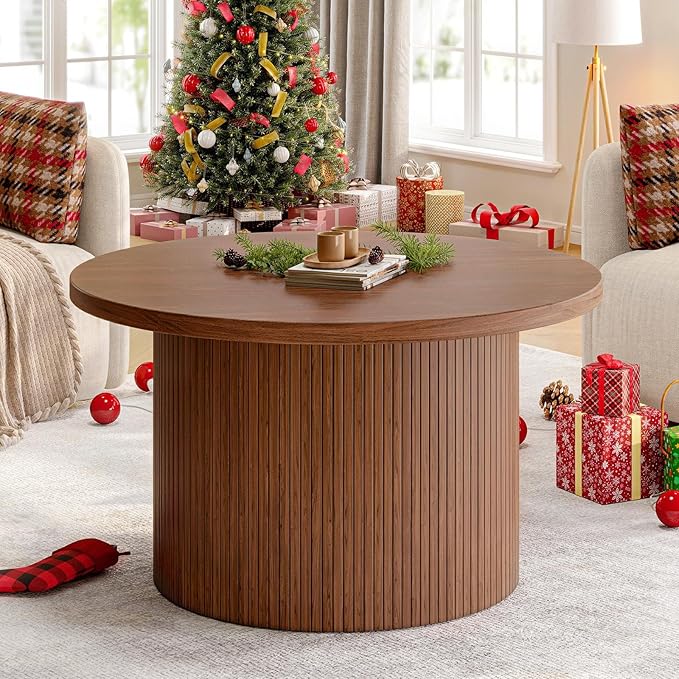 ONBRILL 31.5" Round Coffee Table, Tambour Design Coffee Tables for Living Room, Mid Century Modern Wood Coffee Table, Drum Accent Small Center Table, Walnut
