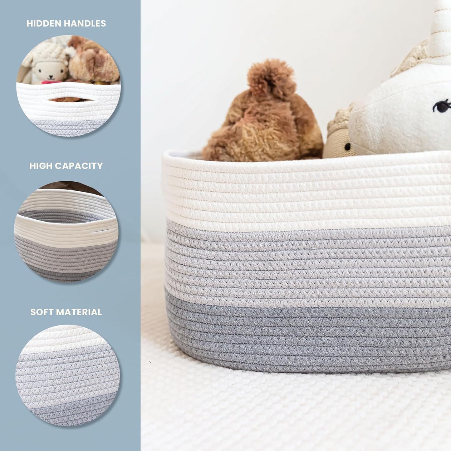 OrganiHaus Woven Storage Baskets for Organizing, Cotton Rope Organizer Bins for Shelves, Closet & Nursery, Dog Toy Basket, Decorative Bins for Toys, Towels & Books - 15x10x9, Grey