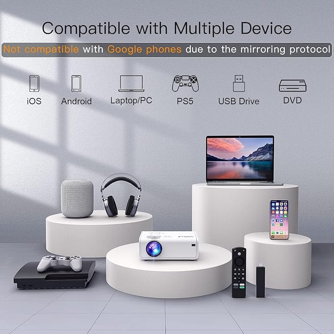 1080P Projector with WiFi and Bluetooth, VOPLLS Outdoor Projectors with Electric Focus, Portable Movie Phone Wireless Gaming Wifi Proyector for Bedroom/Home/Celling