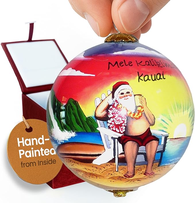 Collectible Hawaiian Santa Christmas Hand-Painted Glass with Gift Box Ornament MK/K