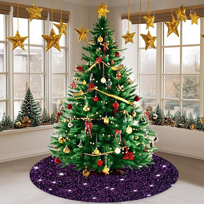 Large Christmas Tree Skirt 60 Inch Sequined Purple Xmas Tree Skirt Glitter Xmas Tree Mat Shimmer Sparkly Christmas Tree Skirt Luxury Huge Tree Skirt for Holiday Party Christmas Tree Mat