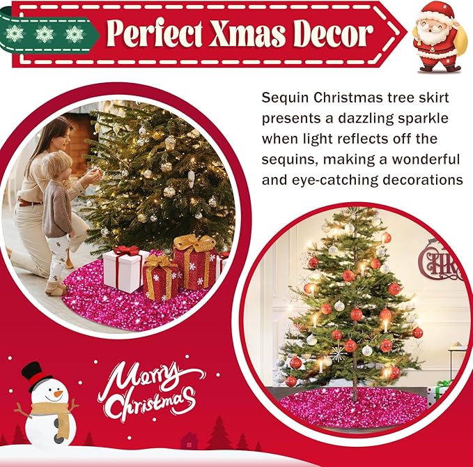 Large Christmas Tree Skirt 60 Inch Sequin Hot Pink Tree Skirt Sparkling Fabric Christmas Tree Mat Glitter Sparkle Xmas Tree Skirts Unique Glitter Xmas Tree Base Home Winter Holiday Display
