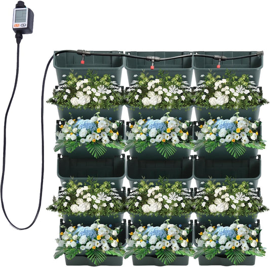 18 Pots Self-Watering Vertical Wall Planter, 39.4”L x 39.4”H Stackable Plastic Wall-Mounted Plant Grow Pots, Wall Hang Garden Planter Outdoor Indoor for Herbs Flowers Strawberries (Green)