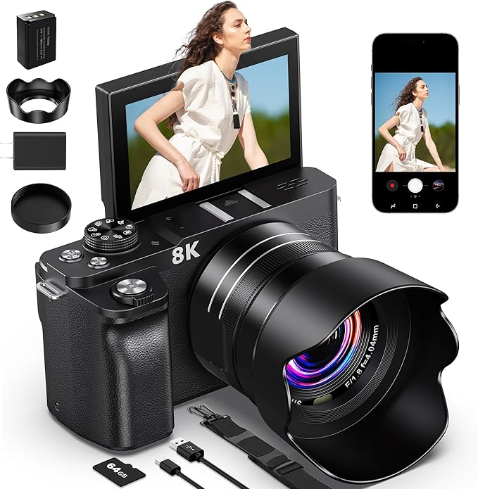 8K Digital Camera, 88MP Cameras for Photography, Vlogging Camera for YouTube with 3" 180° Flip Screen, 18X Zoom UHD Autofocus Video Camara with Lens Hood, 64GB Card