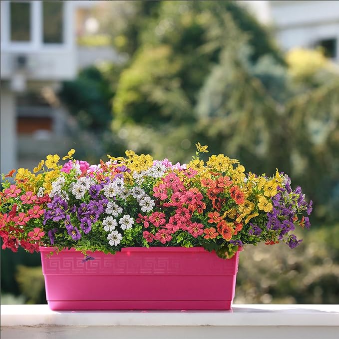 Fake Flowers UV Resistant,15 Bundles Artificial Flowers for Outdoors ，ARealistic Fake Plants for Outdoors，Hanging Baskets,Patio, Porch and Garden Decor