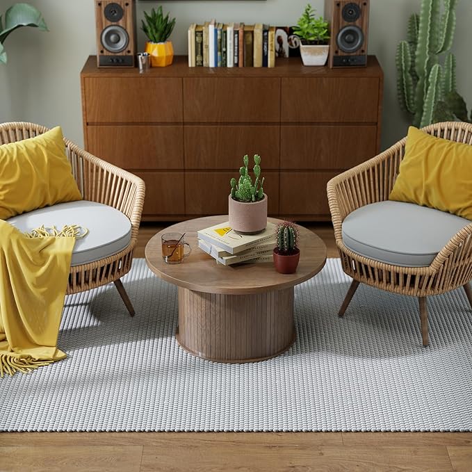 SoarFlash 31.5 Inch Fluted Coffee Table, Mid Century Modern Round Coffee Table, Center Table with Sliding Door and Wood Fluted Handle for Living Room, Brown