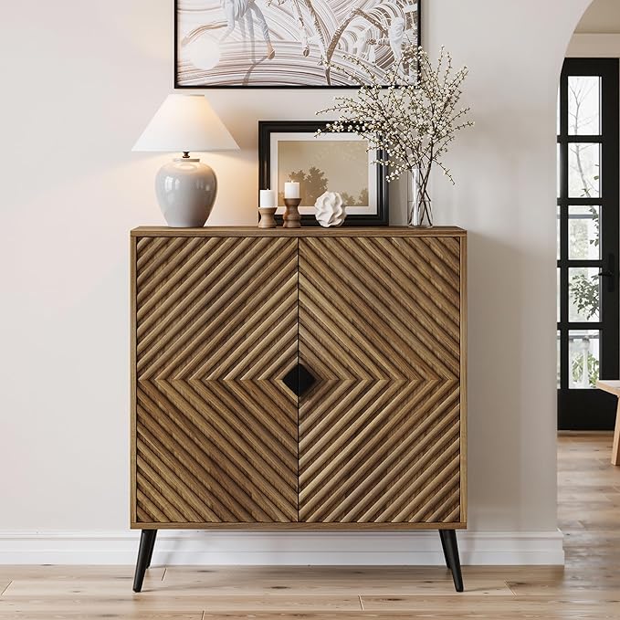 Sideboard Cabinet with Adjustable Shelf, Freestanding Walnut Small Buffet with Storage, Wooden Console Cabinet with Diamond Parquetry Doors for Living Room, Entryway, Console