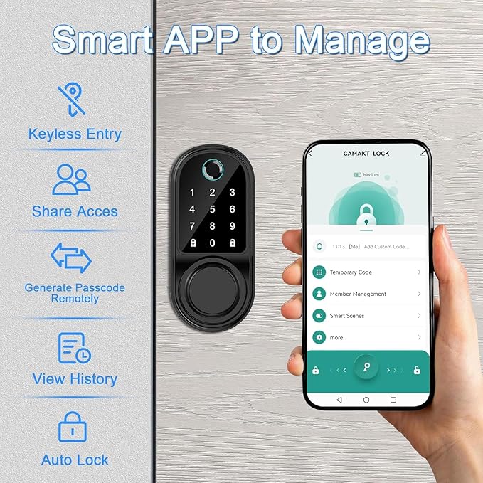 Smart Fingerprint Door Lock, Keyless Entry Door Lock with App Control, Digital Electronic Touchscreen Keypad Deadbolt, Biometric Smart Locks for Front Door