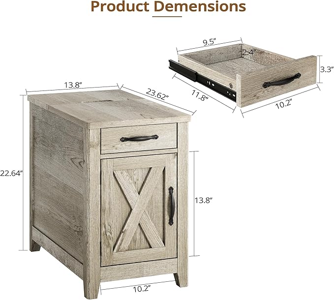 IRONCK End Table with Charging Station, Narrow Side Table for Living Room, Farmhouse Night Stand for Bedroom, Beside Table with Storage and Drawer for Home, Beige Maple