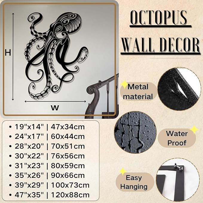 Octopus Metal Wall Art, Octopus Wall Decor, Sealife Wall Decoration, Ocean Wall Hanging, Marine Biology Decor, Metal Wall Art for Living Room, Bathroom (Gold, 19"x14" | 47x34cm, metal wall art)