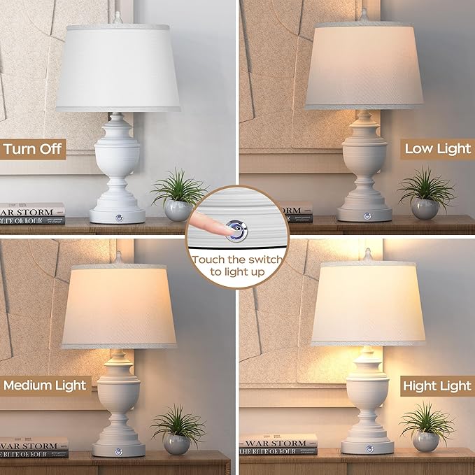 Table Lamps Set of 2, Modern Farmhouse Nightstand Lamp with USB Ports, 3-Way Dimmable Touch Control Washed White Bedside Lamps with Off-White Linen Shade for Bedroom Living Room, Bulbs Included