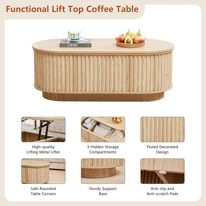Oval Lift Top Coffee Table with Storage, 43.3”Mid Century Modern Center Table with Hidden Compartment, Fluted Wooden Lift Tabletop Dining Table for Living Room Apartment Home Office,Natural