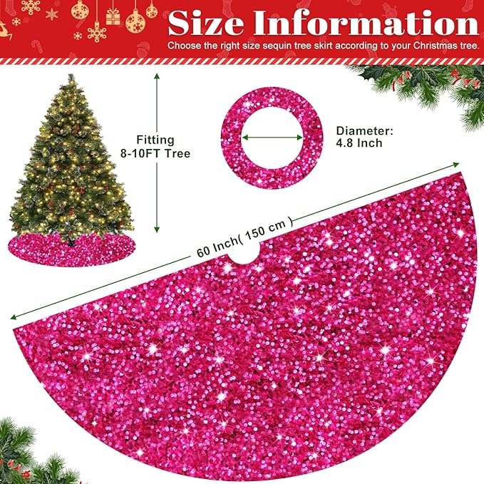 FOTSHARER Tree Skirts 60 Inch Hot Pink Christmas Tree Skirt Sequin Velvet Tree Skirt Personalized Unique Christmas Tree Skirt Pink Xmas Tree Skirt for Artificial Tree for Home Party Holiday Decoration