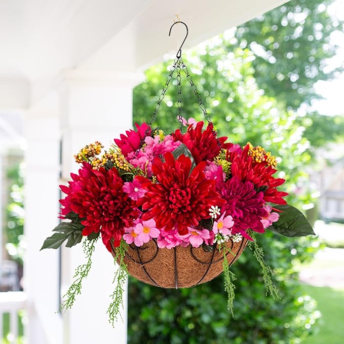 HyeFlora Artificial Fake Hanging Fall Mums Flowers Baskets for Outdoor Decoration, Faux Red Chrysanthemum Silk Red Flower, UV Resistant Realistic for Porch Patio Balcony Yard Summer Autumn Decor