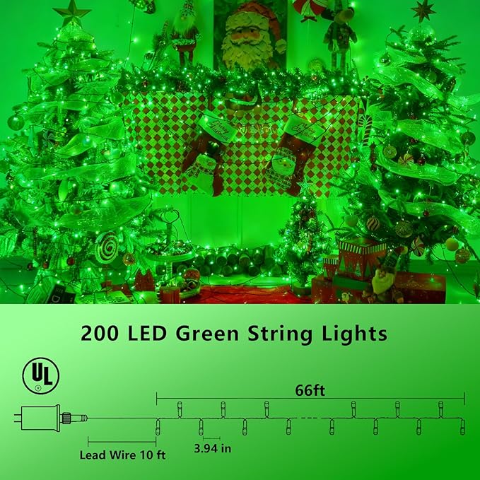 YEGUO 66ft 200 LED Green Christmas Lights Outdoor Waterproof, Green Wire String Lights Indoor, 8 Modes Twinkle Lights for Christmas Tree Plug in with Timer Memory