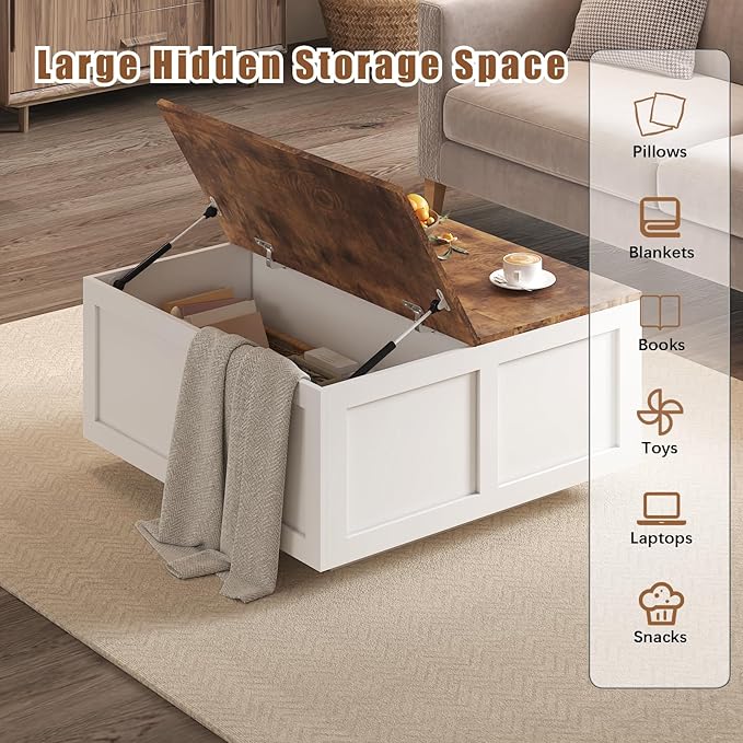 Lift Top Coffee Table with Storage, 31.5" Square White Coffee Table with Large Hidden Storage, Wood Living Room Table Center Table for Living Room Dining Reception Room