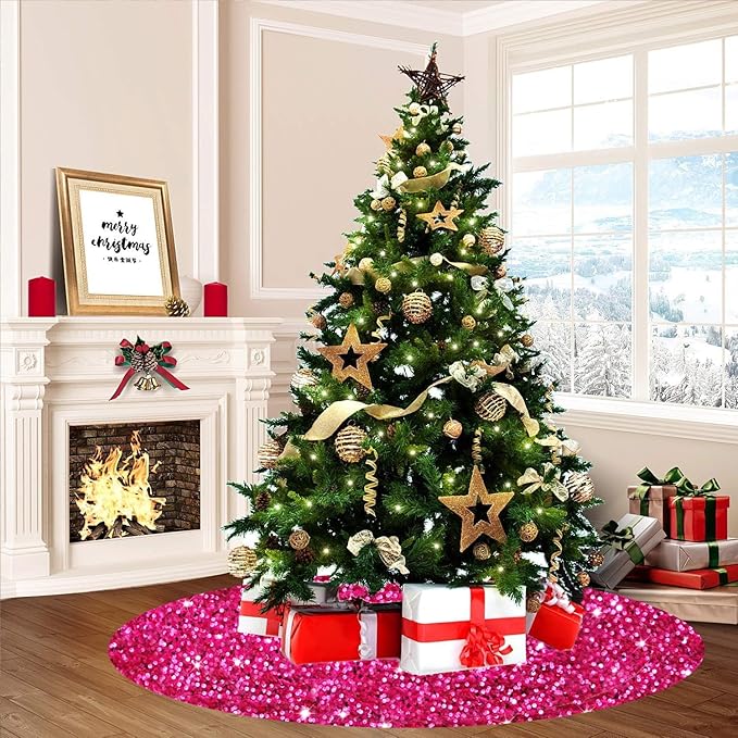 Large Christmas Tree Skirt 60 Inch Sequin Hot Pink Tree Skirt Sparkling Fabric Christmas Tree Mat Glitter Sparkle Xmas Tree Skirts Unique Glitter Xmas Tree Base Home Winter Holiday Display