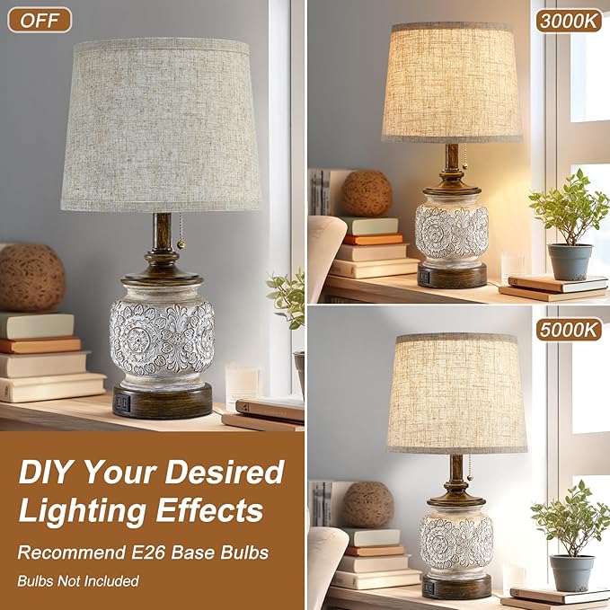 19.5" Farmhouse Bedside Table Lamps Set of 2 Rustic Lamps for Nightstand Bedroom with USB Ports Vintage Traditional White Carved Floral Night Light Lamps for Living Room End Tables Decor