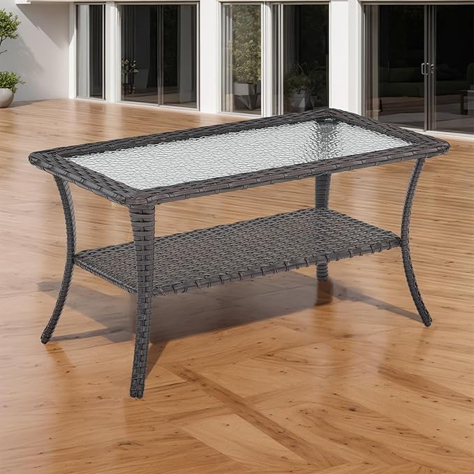 Rilyson Patio Tables Outdoor Coffee Table - Wicker Rattan Coffee Tables with 2-Tier Storage Shelf Glass Top for Outside Proch Deck Balcony Garden Rectangle Brown