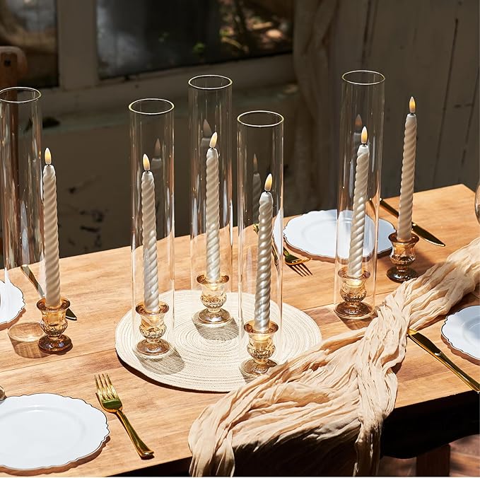 CHILL RECIPE Glass Hurricane Candlestick Holders 14" Tall Cylinder Candle Holder Chimney Tube, Floral Taper Crystal Candle Stick Holder for Birthday Wedding Christmas Home Decor(6Pcs Gold)