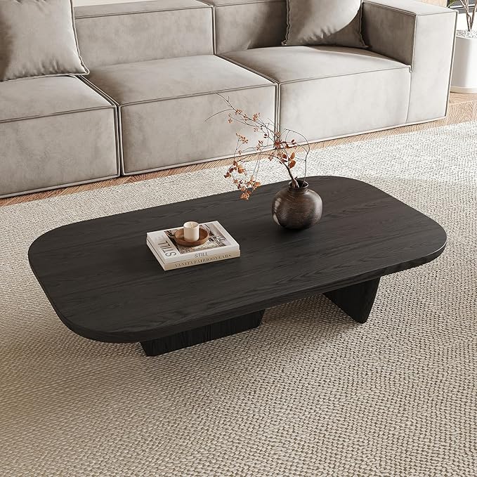 Walnut Coffee Table, Mid Century Modern Decor Low Cocktail Tea Table with Rounded Corners for Living Room, Home, Office,Black