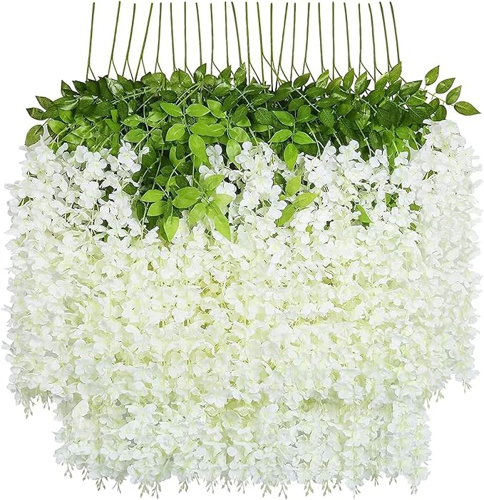 U'Artlines 48 Pack (Total 172.8 Feet) Artificial Fake Wisteria Vine Rattan Hanging Garland Silk Flowers String Home Party Wedding Decor (48, White)