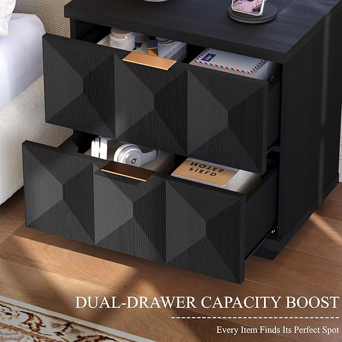 Brafab Black Nightstand Set of 2 with 20W Fast Charging Station, 23.6'' Bedside Table with Geometric Drawers Storage & Gold Handle, Large Modren Wooden Night Stand for Bedroom, End Table for Sofa Side