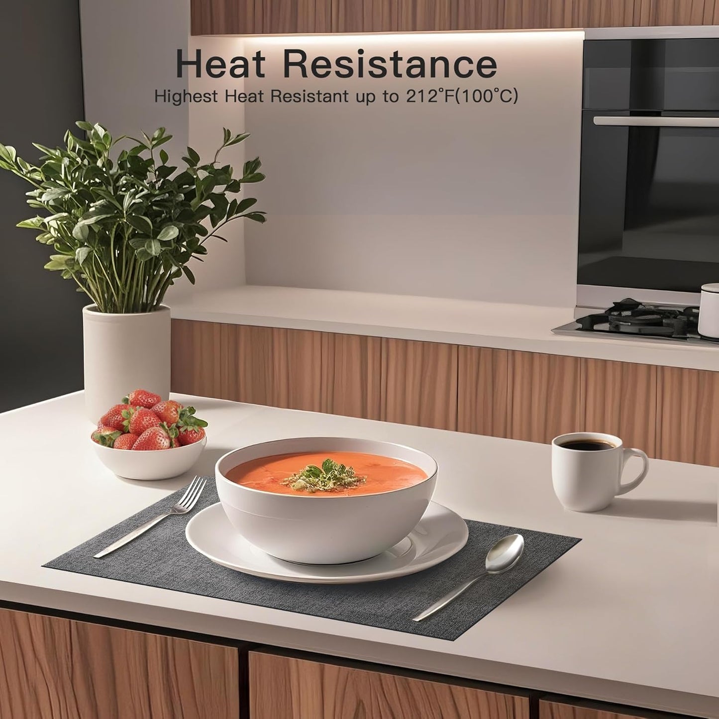 DOLOPL Placemats Set of 8, Reversible Wipeable & Heat Resistant Place Mats, Modern Faux Leather Table Mats for Kitchen, Neutral Waterproof Tablemats for Dining Table Decor, Wedding, Party(Charcoal)
