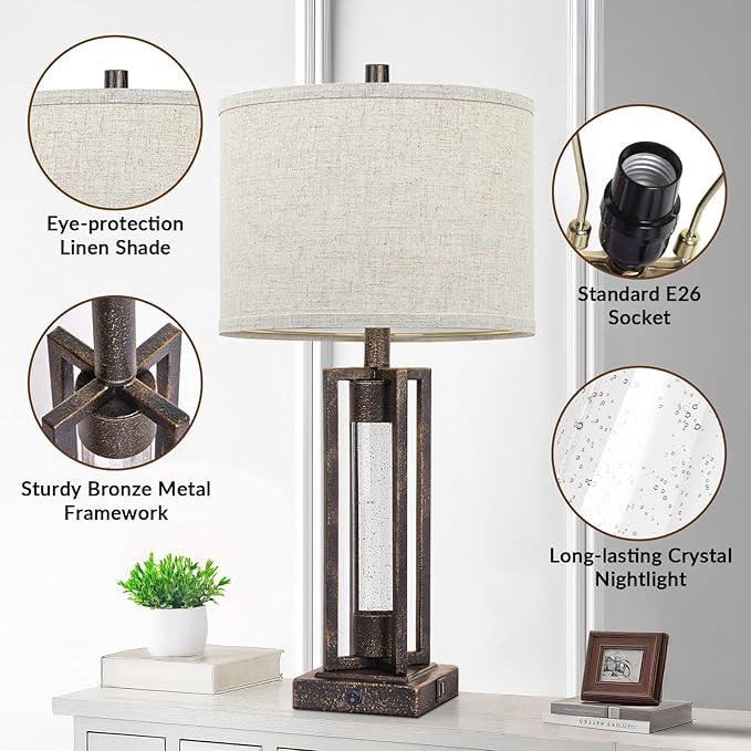 TOBUSA 26’’ Farmhouse Table Lamp for Living Room, Rustic Vintage Tall Nightstand Lamp for Bedroom with 2 USB Ports and Crystal Night Light, Retro Bedside Lamp for End Table Entryway Home Deco, Bronze