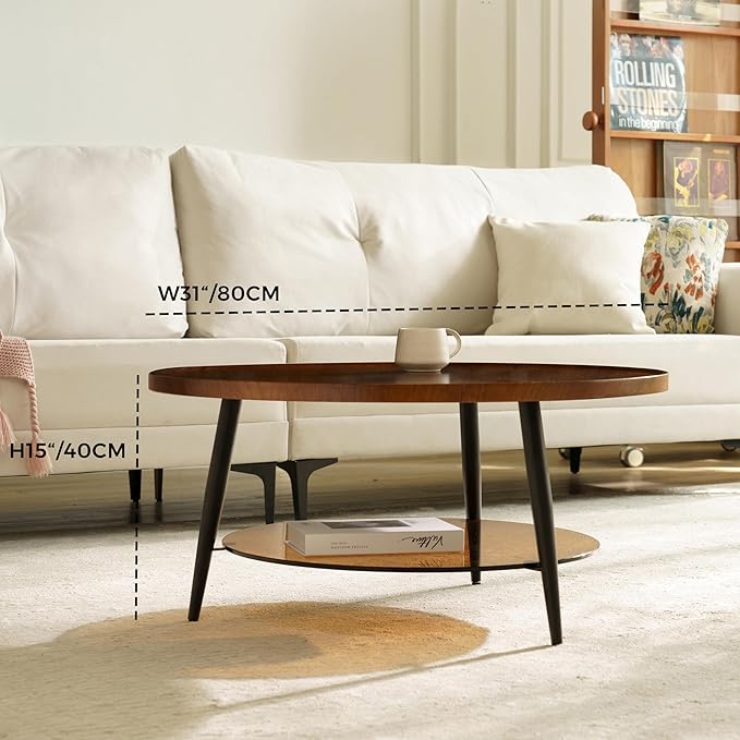 Saint Mossi Modern Coffee Table for Living Room, Mid-Century Round Wood Coffee Table, 2-Tier Center Table for Small Space, Espresso Wood Top and Brown Glass, W31xH15