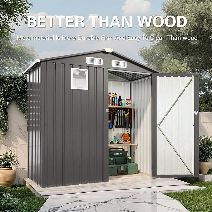 6x3.5 FT Outdoor Storage Shed, Small Metal Garden Shed with Window, Outside Tool Sheds with Lockable Hinged Doors, Waterproof Storage Building with 4 Air Vents for Backyard, Patio, Lawn, Gray